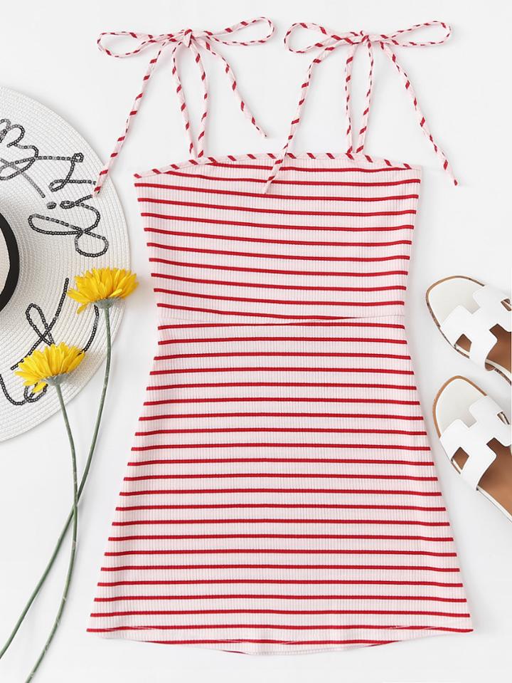 Romwe Striped Knot Shoulder Knit Cami Dress