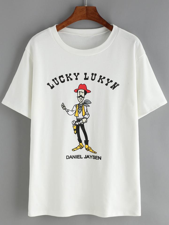 Romwe Cowboy Print White T-shirt