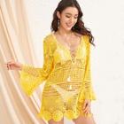 Romwe Fringe Lace Up Flounce Sleeve Guipure Lace Cover Up