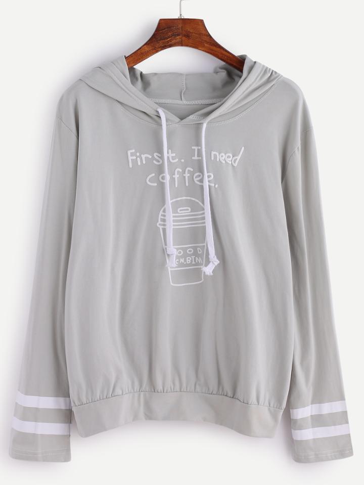Romwe Light Grey Print Striped Trim Drawstring Hooded Sweatshirt
