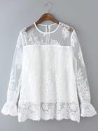 Romwe White Long Sleeve Keyhole Back Embroidery Lace Blouse