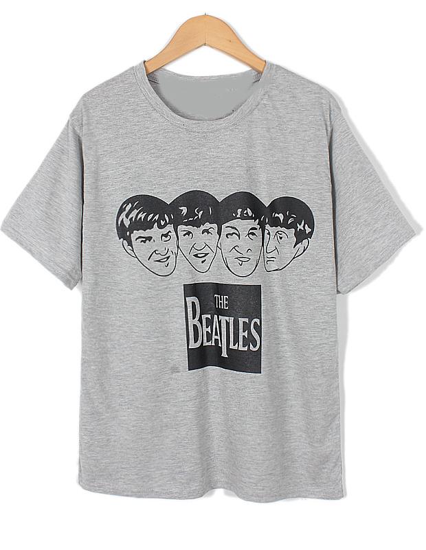 Romwe Head Letter Print Loose Grey T-shirt