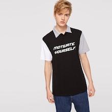 Romwe Guys Color Block Slogan Print Polo Shirt