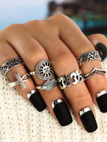 Romwe Cross & Face Detail Vintage Rings Set 7pcs