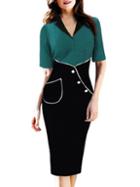 Romwe Color-block V Neck Pocket Buttons Slim Dress
