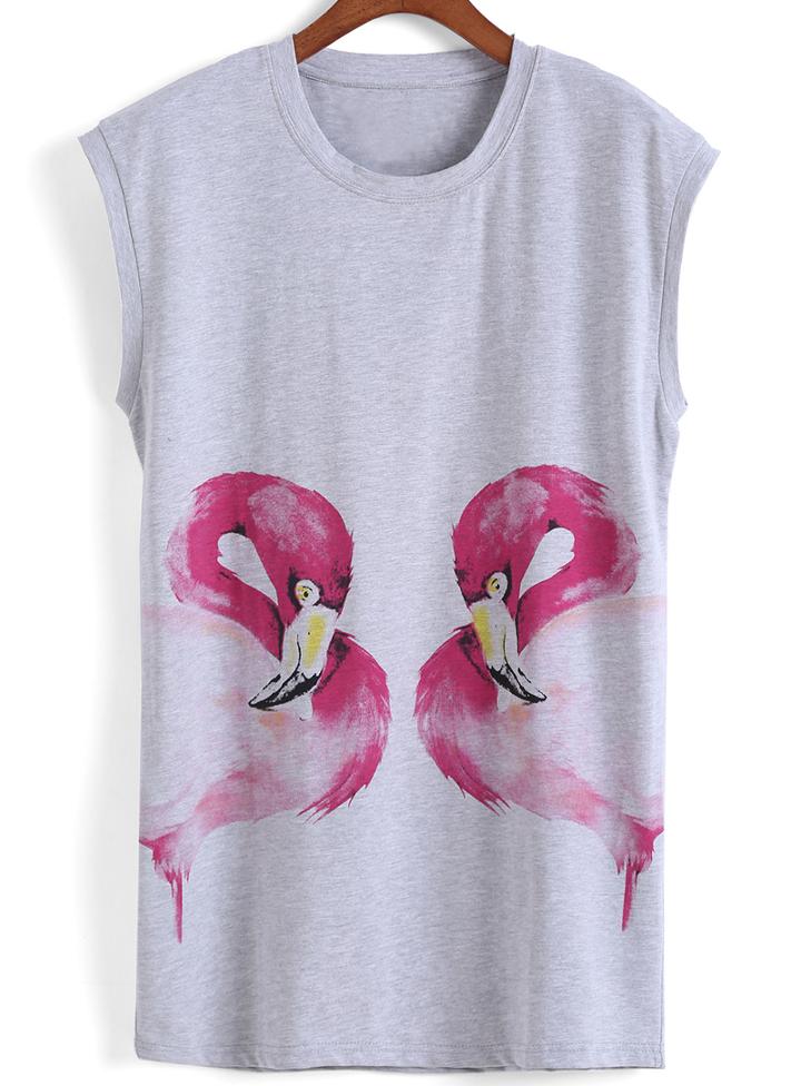 Romwe Flamingos Print Long T-shirt
