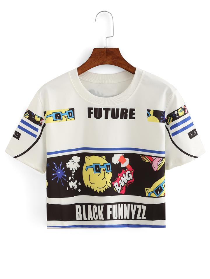 Romwe Cartoon Print Crop T-shirt