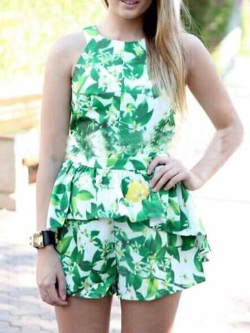 Romwe Flower Print Ruffle Racer Neck Romper