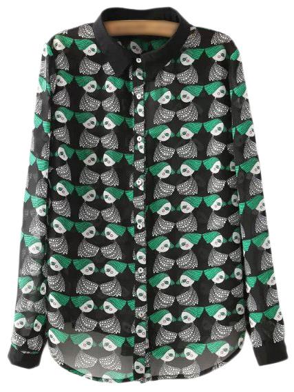 Romwe Multicolor Long Sleeve Contrast Lapel Print Blouse