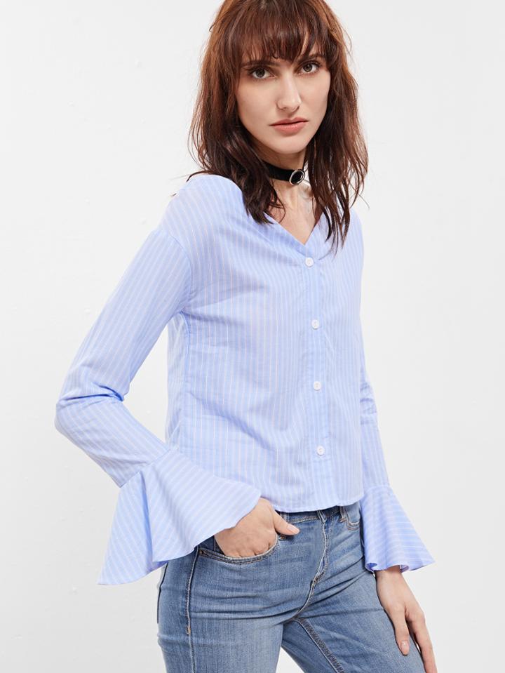 Romwe Blue Pinstripe V Neck Bell Cuff Blouse