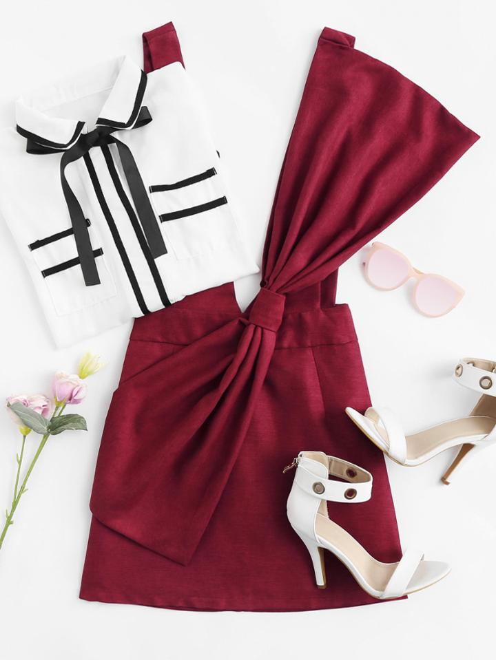 Romwe Bow Decorated Zip Up Back Pinafore Dress