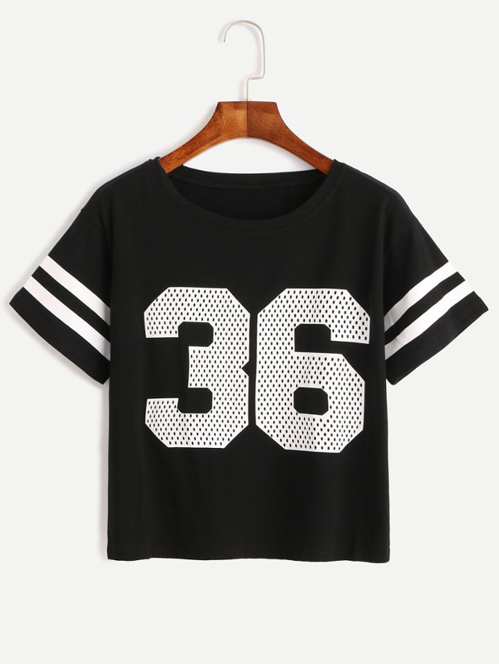 Romwe Black Number Print Varsity Striped T-shirt