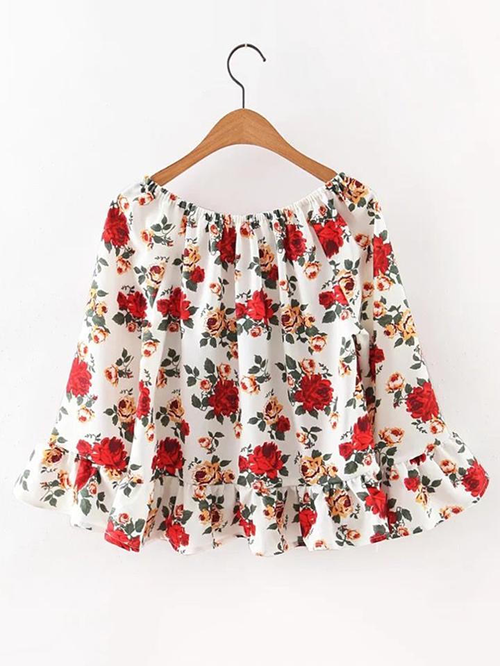 Romwe Bell Sleeve Ruffle Hem Blouse