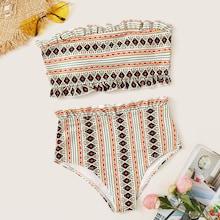 Romwe Random Aztec Print Frill Trim Bandeau Bikini Set