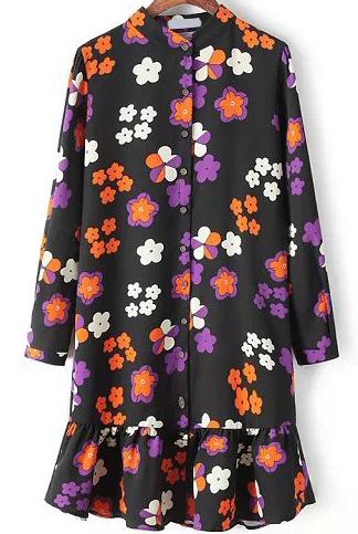 Romwe Flower Print With Buttons Peplum Hem Black Dress