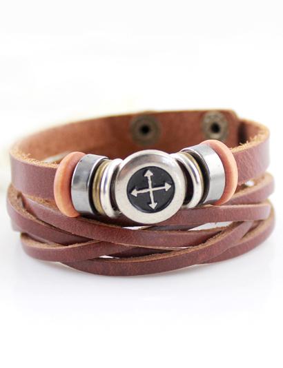 Romwe Silver Cross Brown Leather Bracelet