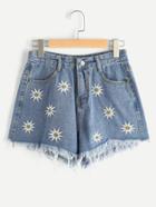 Romwe Chrysanthemum Embroidered Fray Hem Washed Shorts