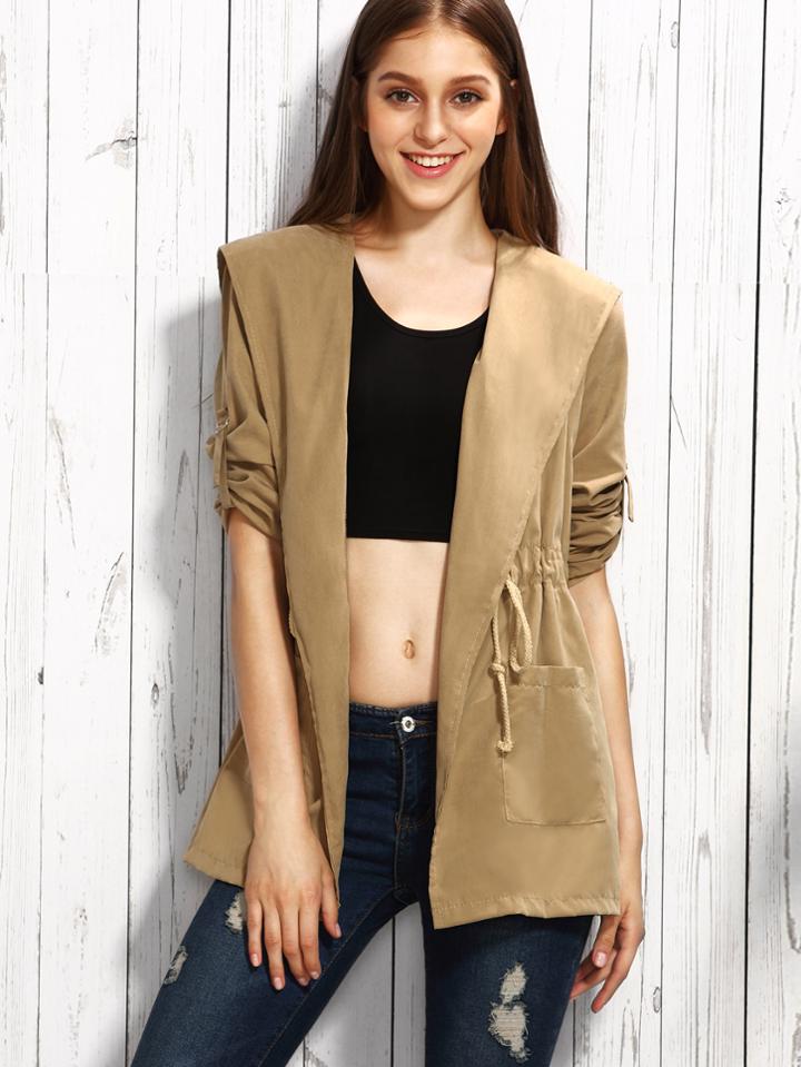 Romwe Khaki Drawstring Waist Hooded Shawl Collar Duster Coat