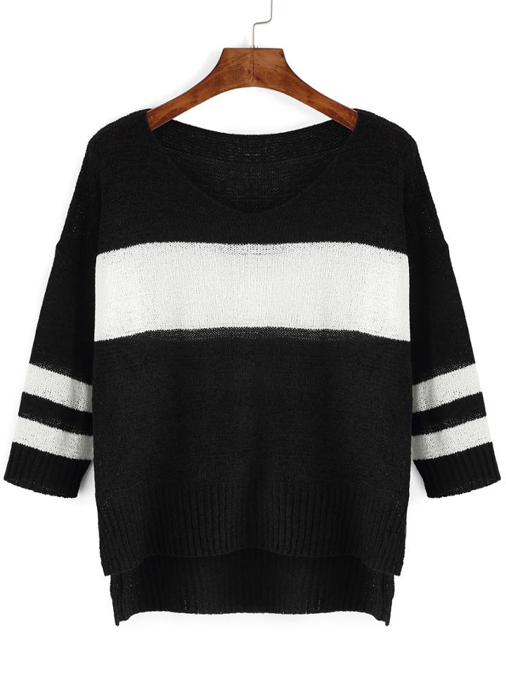 Romwe Dip Hem V Neck Split Side Striped Black Knitwear