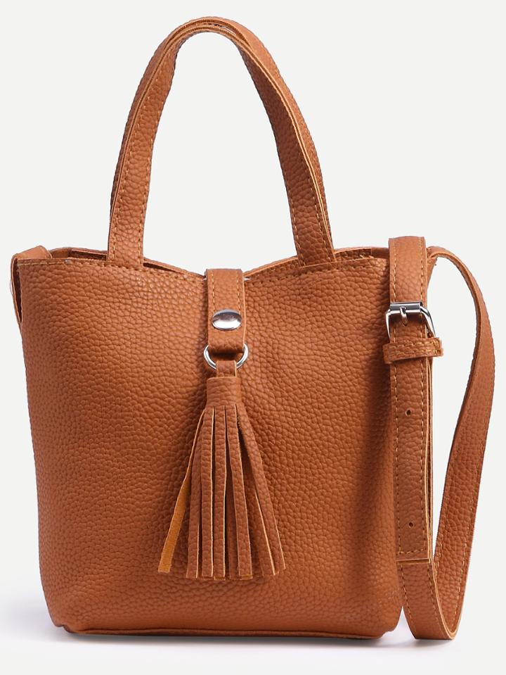 Romwe Camel Tassel Strap Closure Satchel Bag