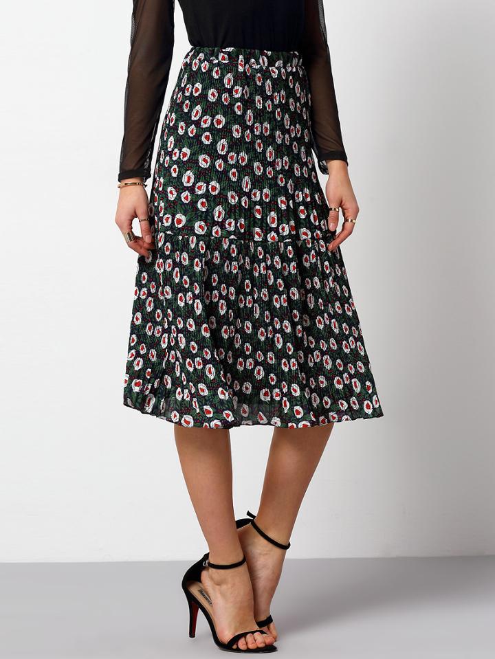 Romwe Florals Pleated Elastic Waist Skirt