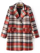 Romwe Lapel Plaid Double Breasted Pockets Long Red Coat