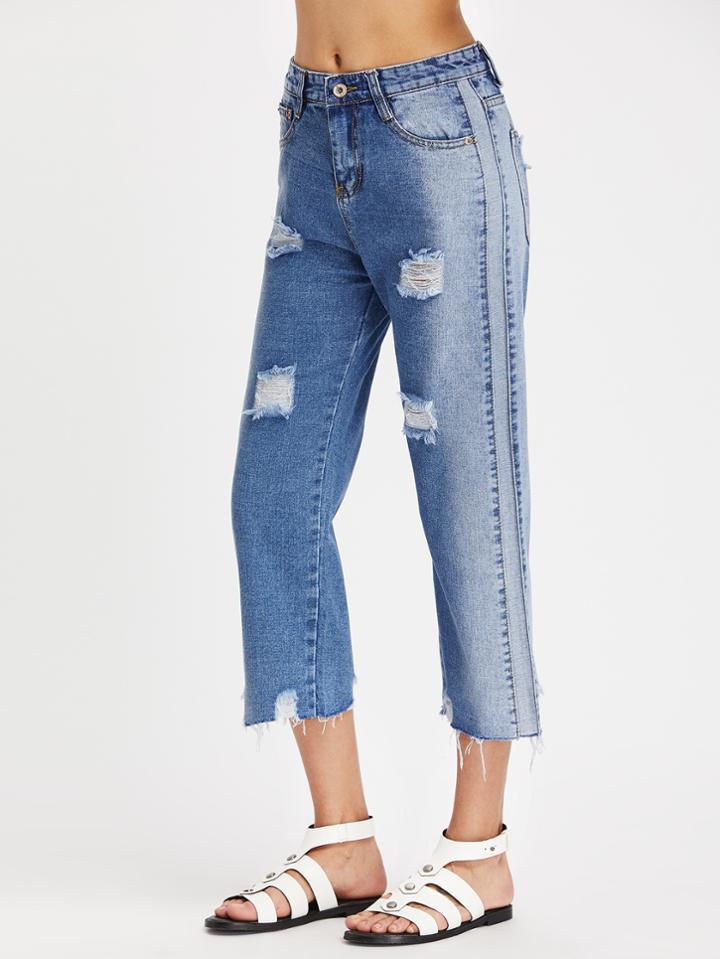 Romwe Wash Paneled Fray Hem Boyfriend Crop Jeans