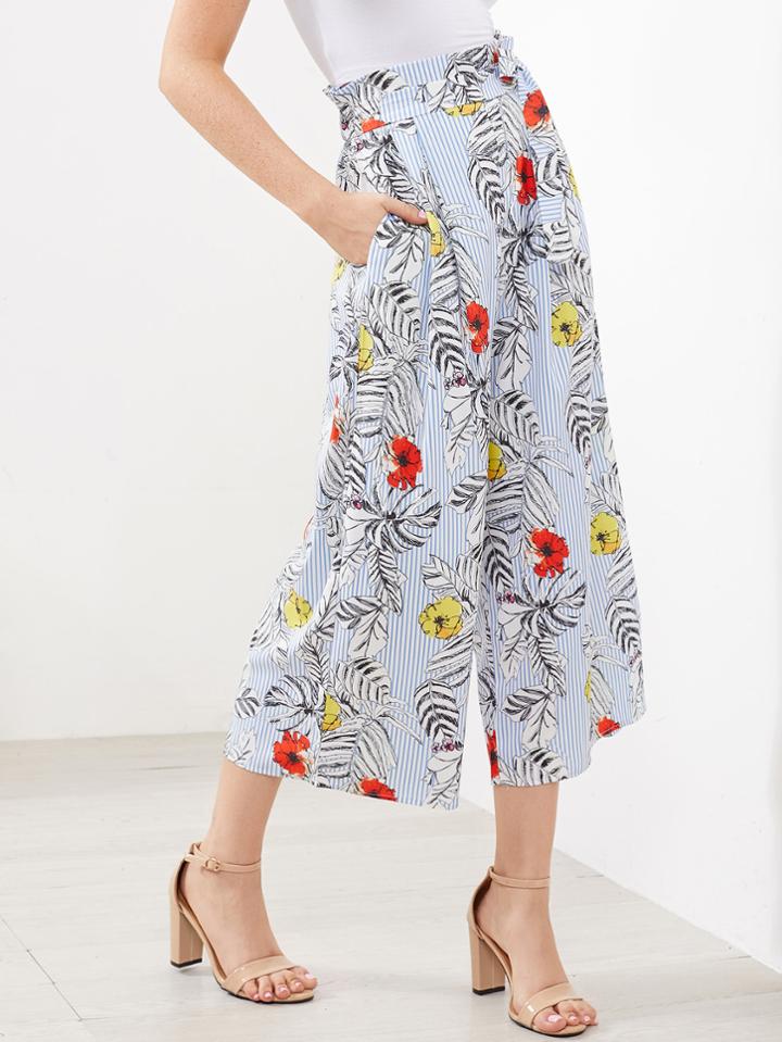 Romwe Jungle Print Vertical Striped Self Tie Wide Leg Pants
