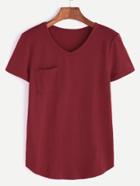 Romwe Burgundy V Neck Curved Hem Pocket T-shirt