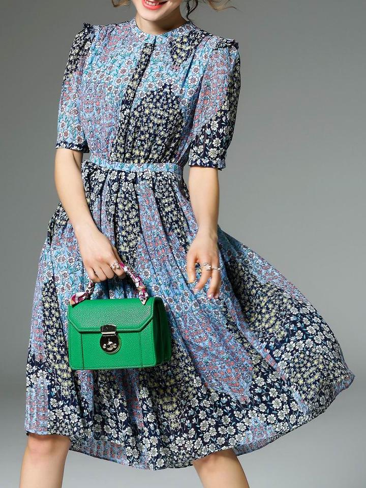 Romwe Multicolor Crew Neck Floral A-line Dress