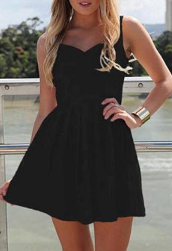 Romwe V Neck Open Back Flare Black Dress