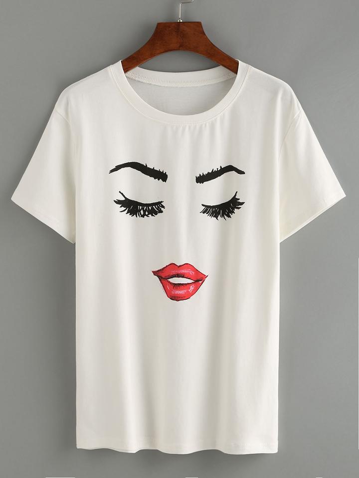Romwe White Eyelash Lip Print Cusual T-shirt