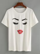 Romwe White Eyelash Lip Print Cusual T-shirt