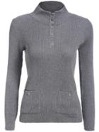 Romwe Stand Collar With Buttons Pockets Grey Sweater