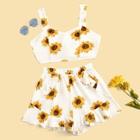 Romwe Sunflower Print Tie Back Cami Top With Shorts