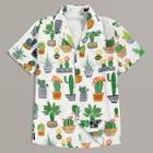 Romwe Guys Cactus Potted Print Curved Hem Notched Shirt