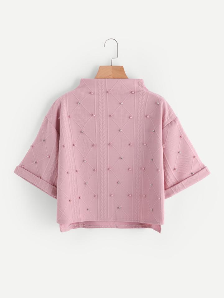 Romwe Mock Neck Beading Embossed High Low Sweatshirt