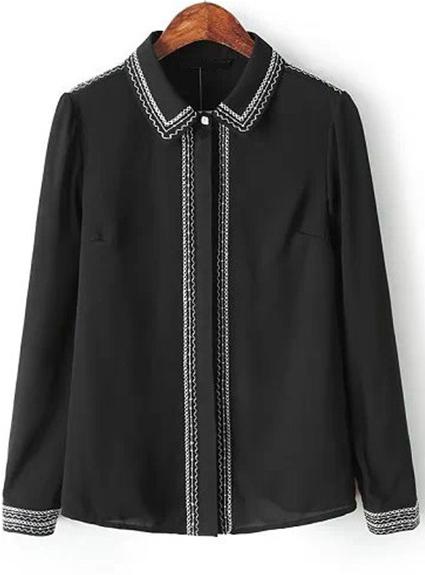 Romwe Black Lapel Long Sleeve Embroidered Blouse