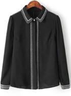 Romwe Black Lapel Long Sleeve Embroidered Blouse
