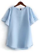 Romwe Blue Ruffle Sleeve Bow High Low Hem Blouse