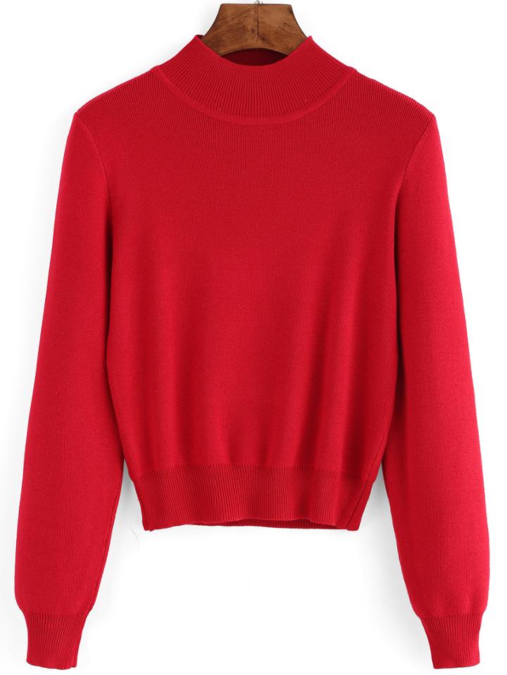 Romwe Mock Neck Crop Red Sweater