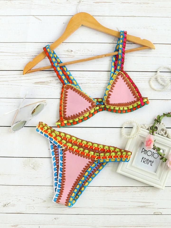 Romwe Pink Crochet Trim Triangle Bikini Set
