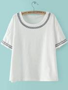 Romwe White Short Sleeve Embroidered Loose T-shirt