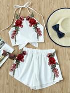 Romwe Rose Applique Bow Tie Open Back Top And Shorts Set