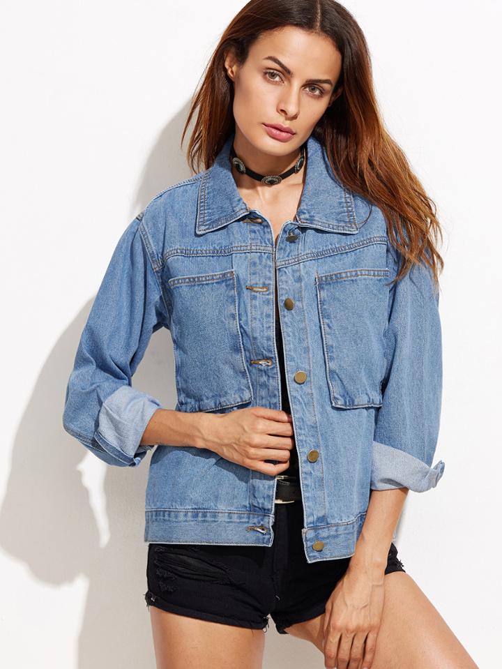 Romwe Blue Single Breasted Pockets Denim Jacket