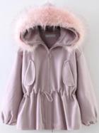 Romwe Pink Drawstring Waist Faux Fur Hooded Coat