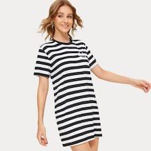 Romwe Smile Embroidery Stripe Tee Dress