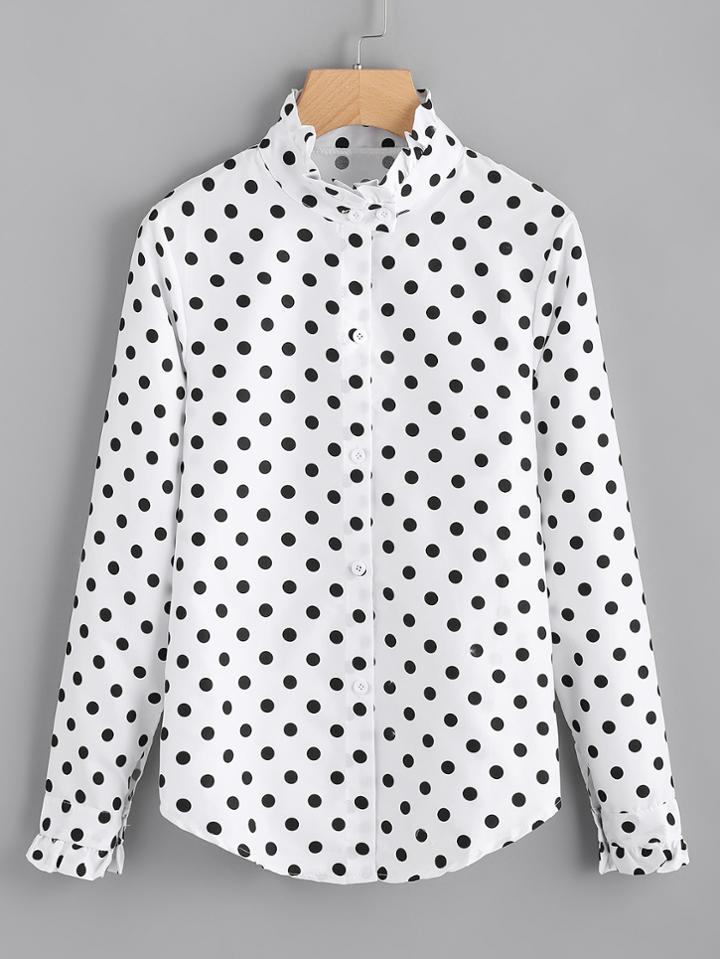 Romwe Frill Trim Polka Dot Single Breasted Shirt