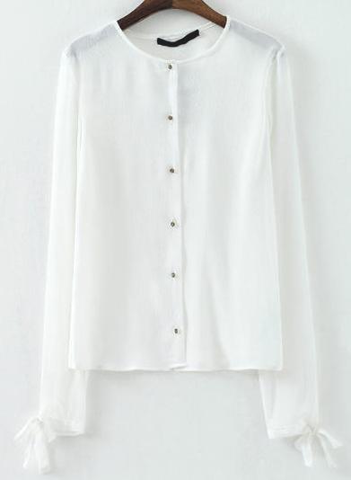 Romwe White Chiffon Blouse With Bow Embellished Cuffs