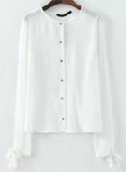 Romwe White Chiffon Blouse With Bow Embellished Cuffs